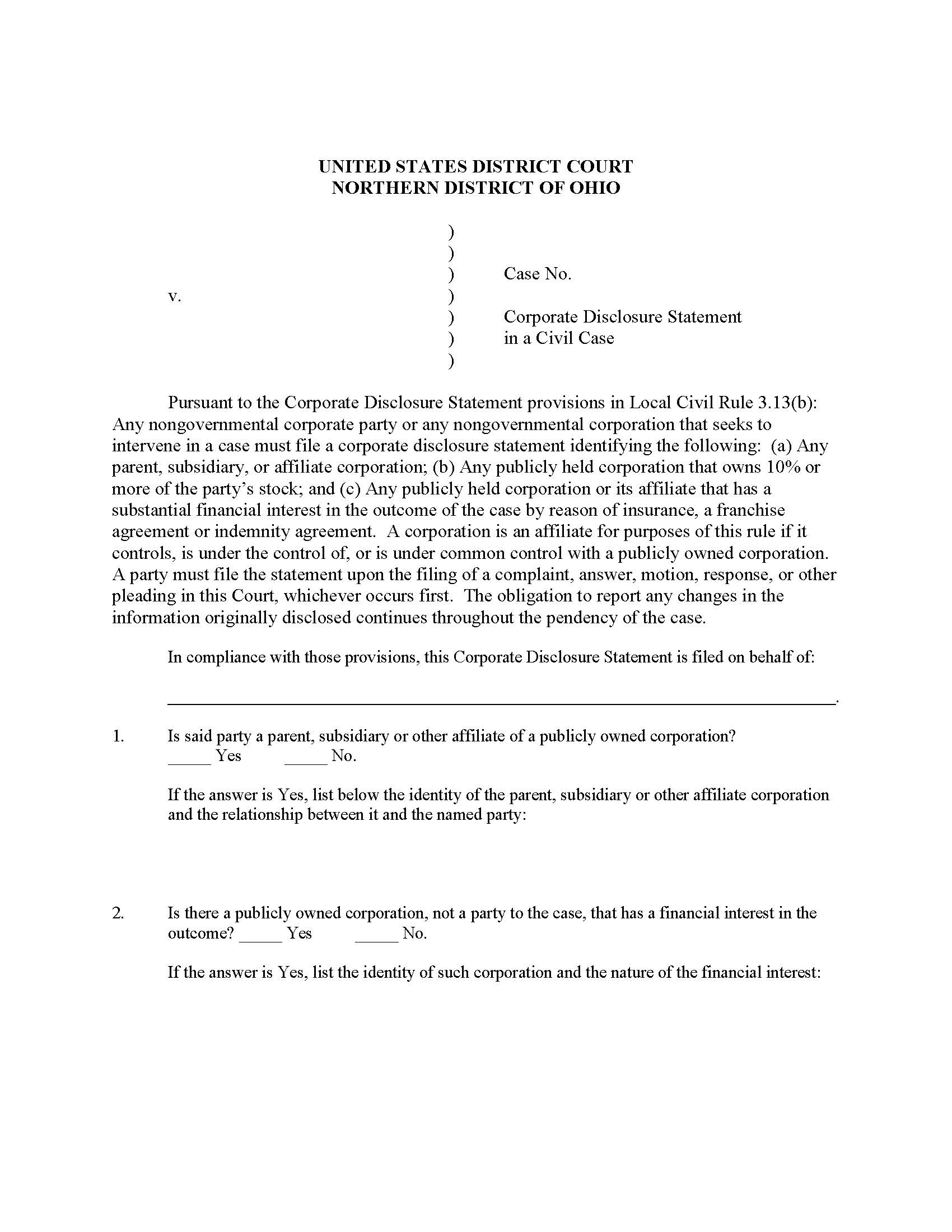 Corporate Disclosure Statement In A Civil Case | Pdf Fpdf Doc Docx | Ohio