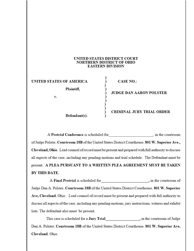 Criminal Jury Trial Order (Judge Polster) | Pdf Fpdf Docx | Ohio