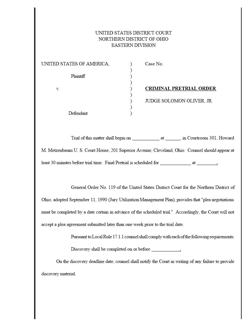 Criminal Pretrial Order  (Judge Oliver) | Pdf Fpdf Docx | Ohio