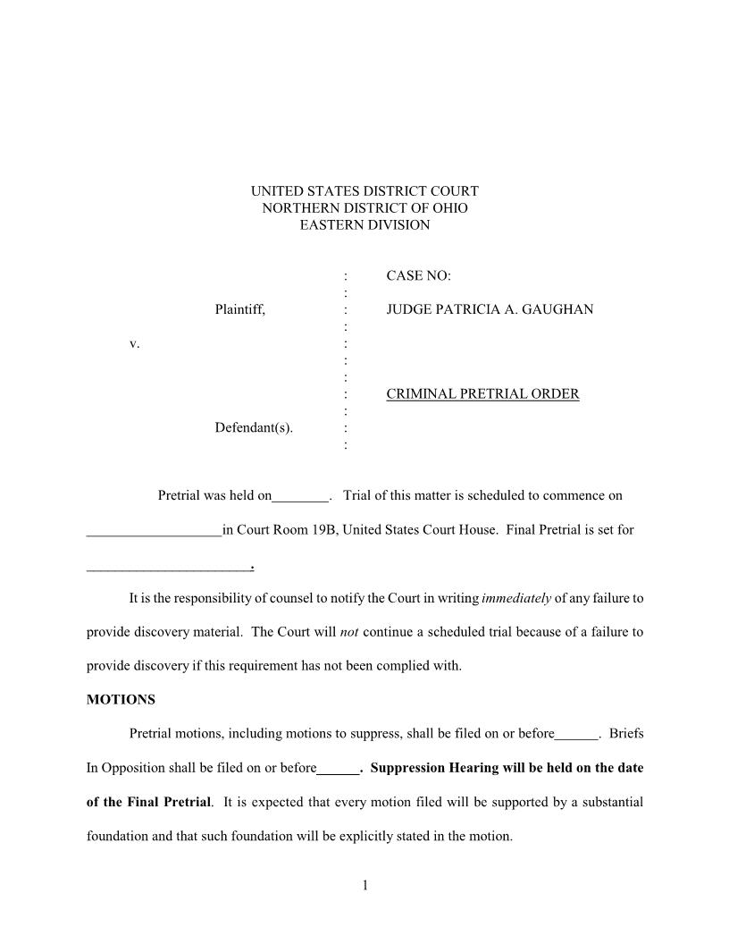 Criminal Pretrial Order (Judge Gaughan) | Pdf Fpdf Docx | Ohio
