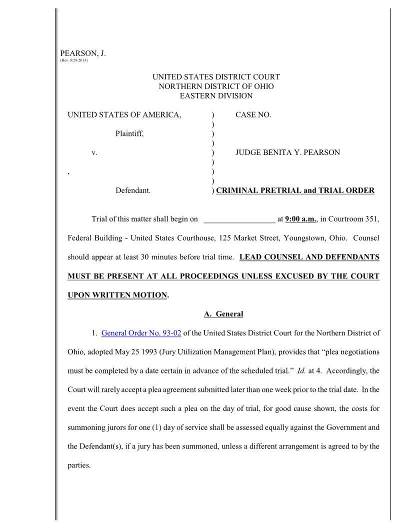 Criminal Trial Order (Judge Pearson) | Pdf Fpdf Docx | Ohio