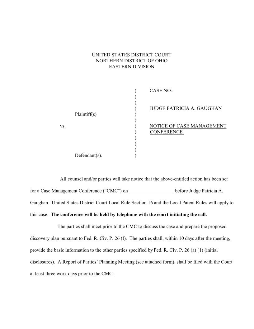 Notice Of Case Management  Conference Patent Case (Judge Gaughan) | Pdf Fpdf Docx | Ohio