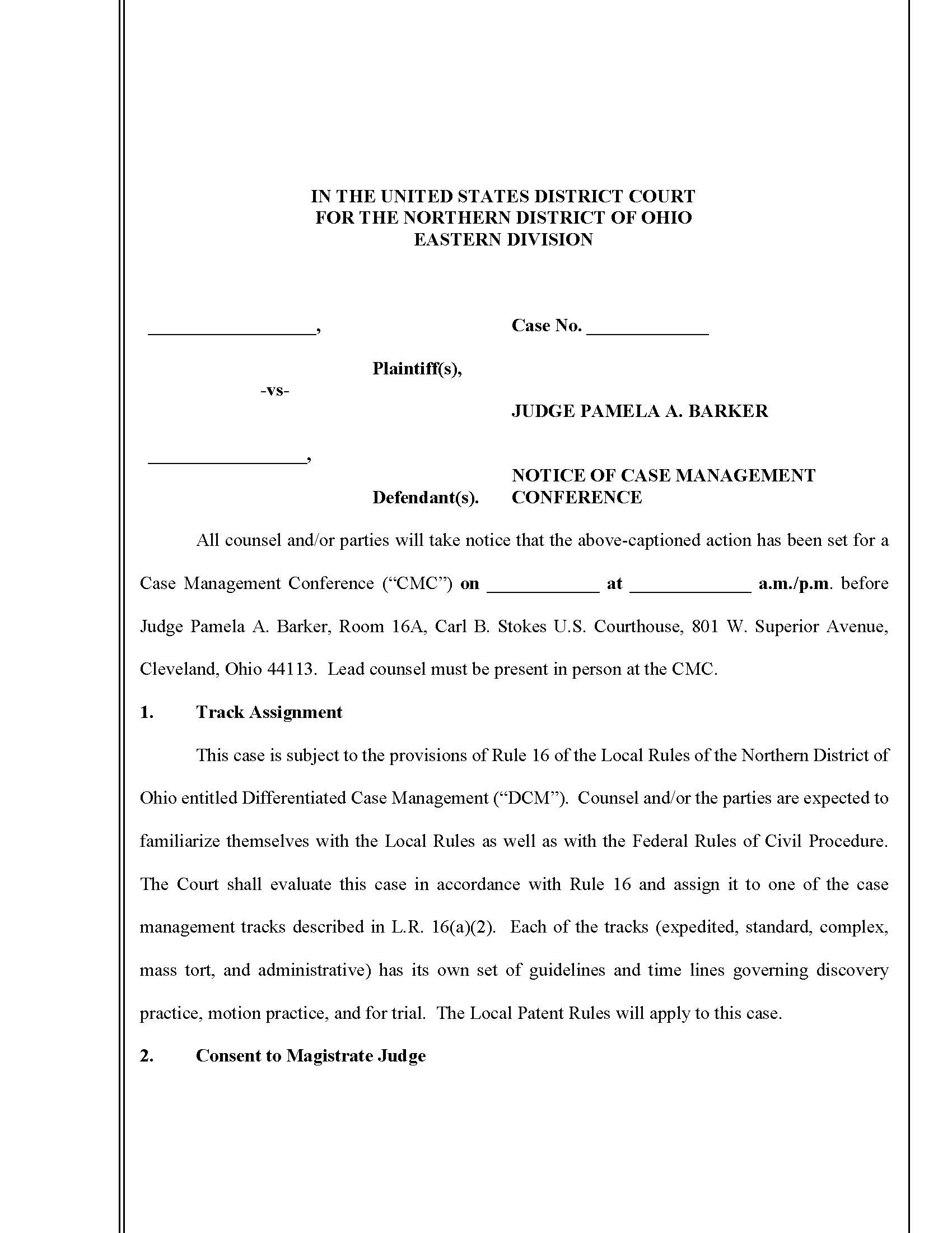 Notice Of Case Management Conference (Judge Barker) | Pdf Fpdf Docx | Ohio
