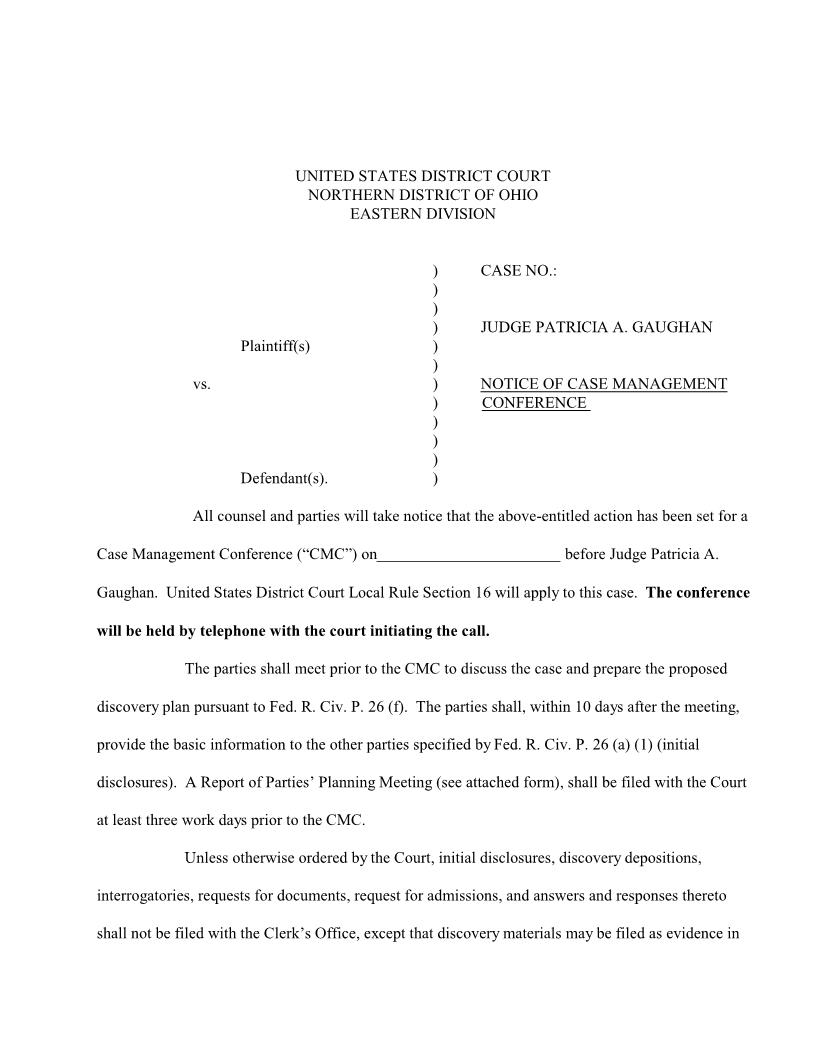 Notice Of Case Management Conference (Judge Gaughan) | Pdf Fpdf Docx | Ohio