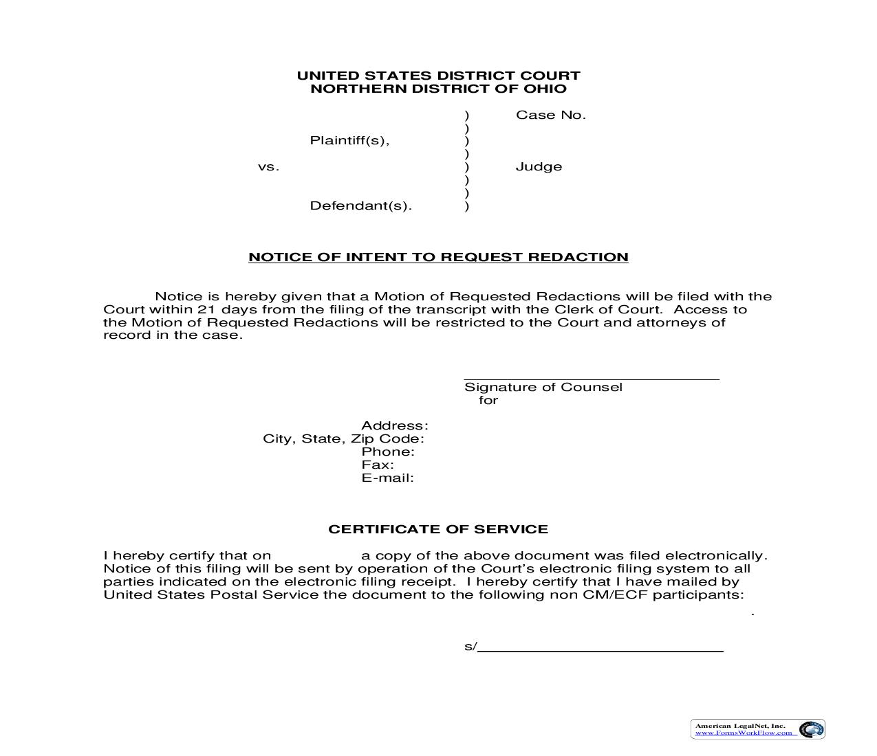 Notice Of Intent To Request Redaction | Pdf Fpdf Doc Docx | Ohio