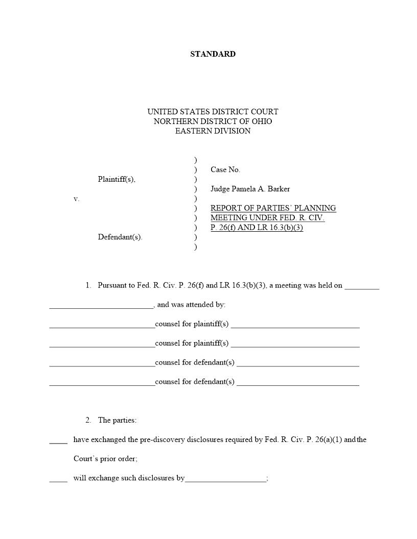 Report Of Parties Planning Meeting (Judge Barker) | Pdf Fpdf Docx | Ohio
