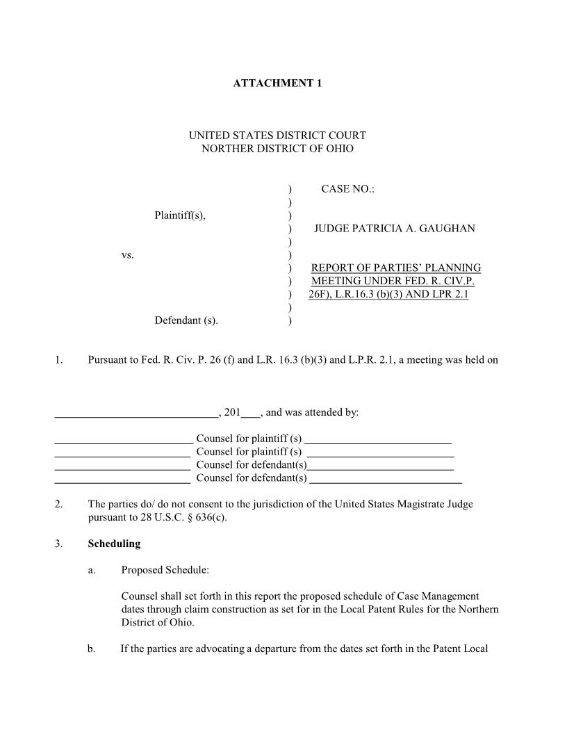 Report Of Parties Planning Meetng Patent Case (Judge Gaughan) | Pdf Fpdf Docx | Ohio