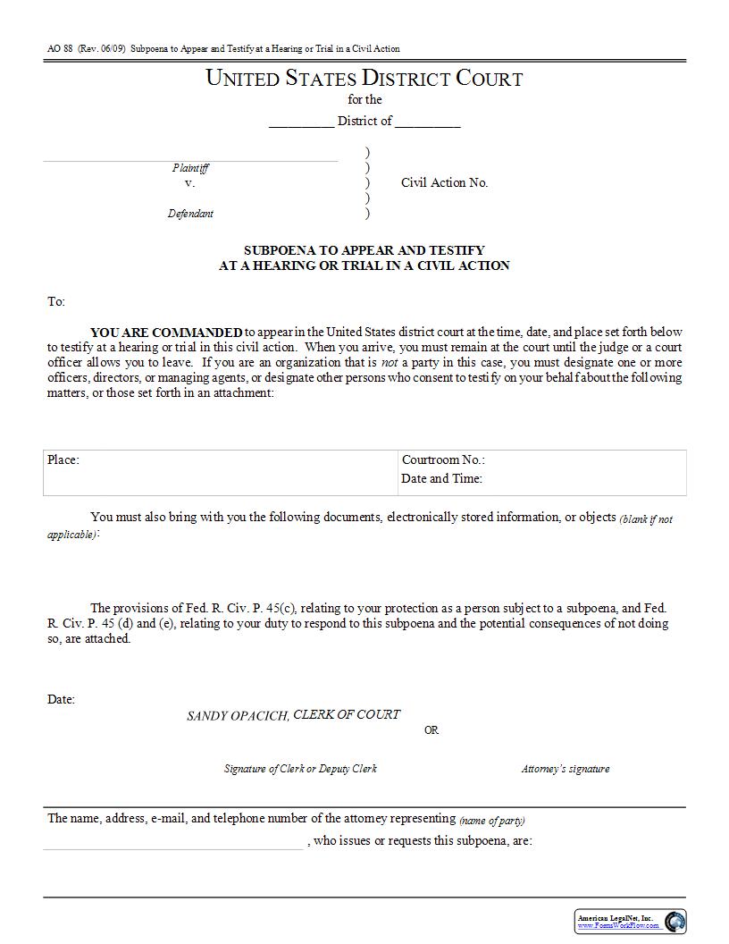 Subpoena To Appear And Testify {AO 88} | Pdf Fpdf Docx | Ohio