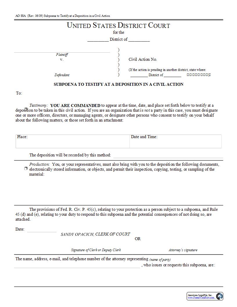 Subpoena To Testify At A Deposition {AO 88A} | Pdf Fpdf Docx | Ohio