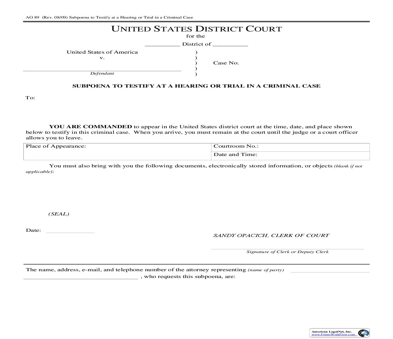 Subpoena To Testify At A Hearing In A Crimianl Case {AO 89} | Pdf Fpdf Doc Docx | Ohio