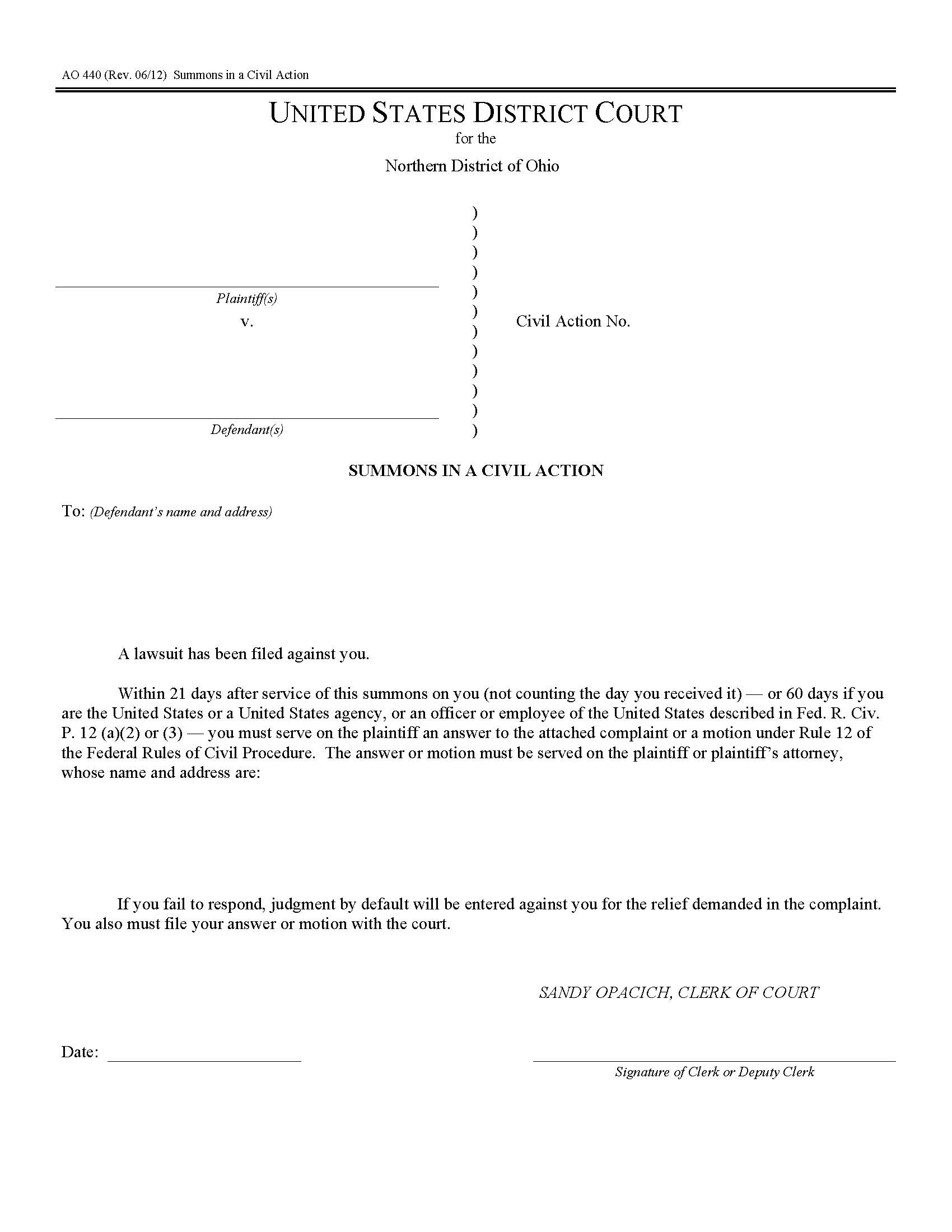 Summons In A Civil Action {AO 440} | Pdf Fpdf Docx | Ohio