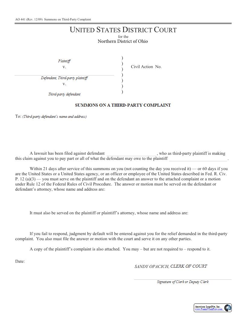 Summons On A Third Party Complaint {AO 441} | Pdf Fpdf Docx | Ohio