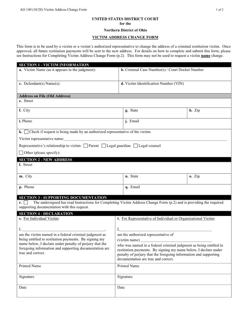Victim Address Change (OHND) {AO 140} | Pdf Fpdf Docx | Ohio