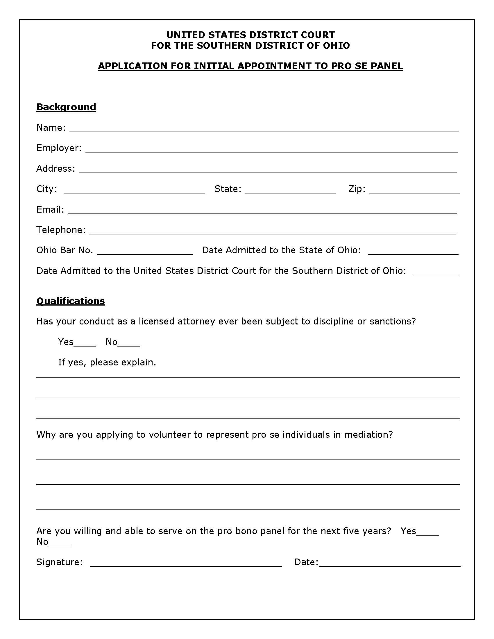 Application  For Initial Appointment To Pro Se Panel (Columbus) | Pdf Fpdf Docx | Ohio
