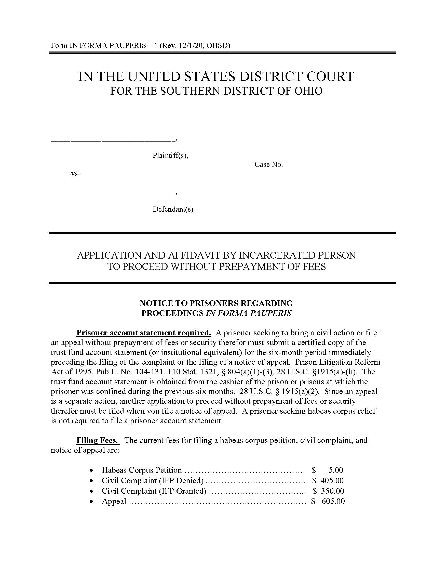 Application And Affidavit By Incarcerated Person {IFP-1} | Pdf Fpdf Doc Docx | Ohio