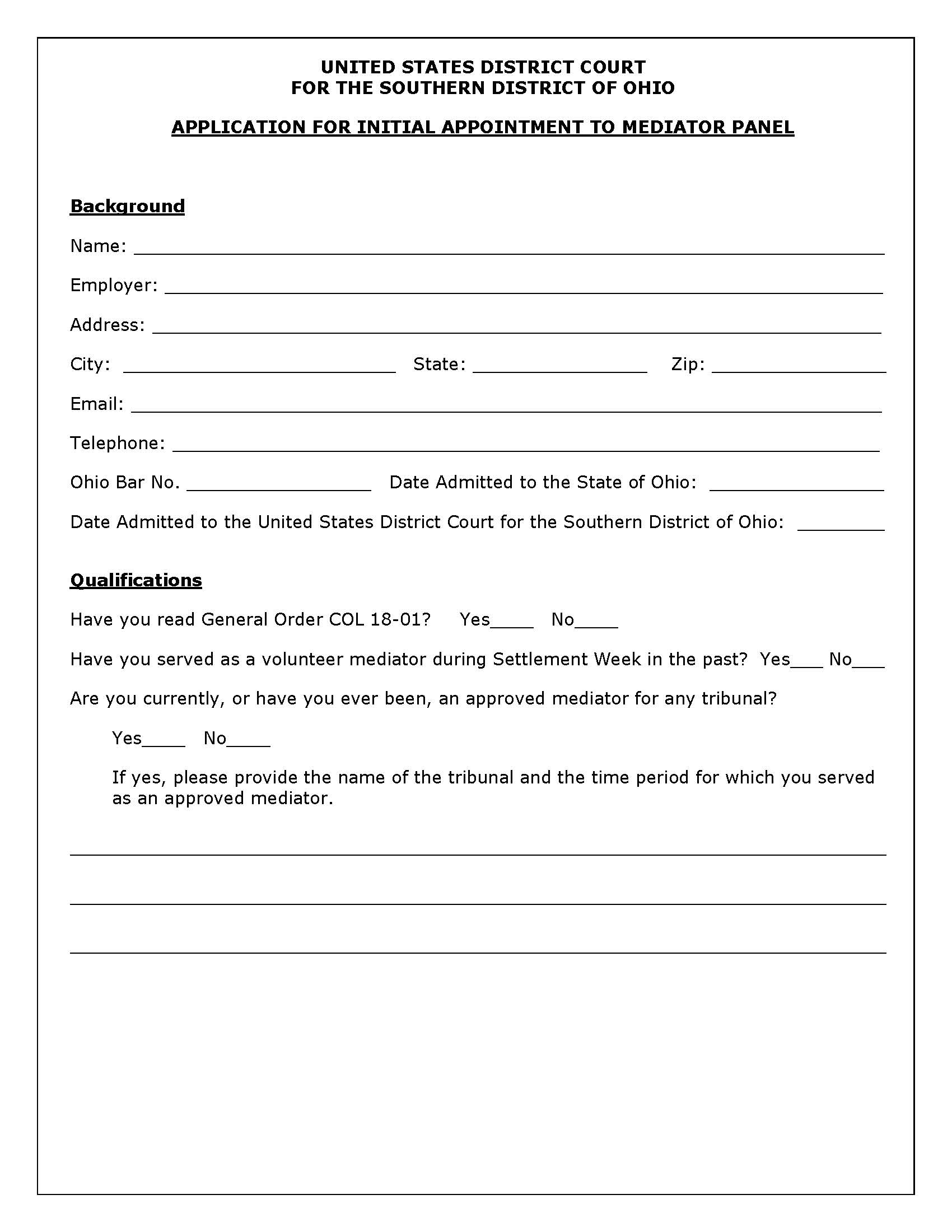 Application For Initial Appointment To Mediator Panel (Columbus) | Pdf Fpdf Docx | Ohio