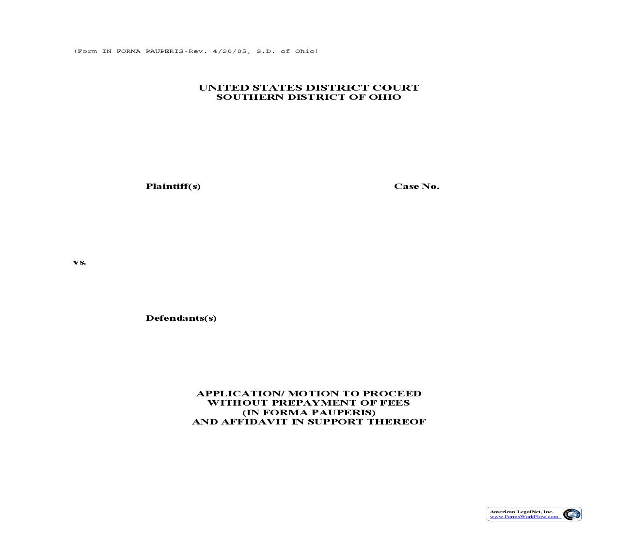 Application To Proceed Without Prepayment Of Fees (In Forma Pauperis) | Pdf Fpdf Doc Docx | Ohio