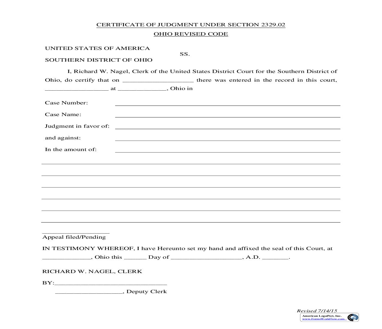 Certificate Of Judgment Under Section 2329.02 | Pdf Fpdf Doc Docx | Ohio