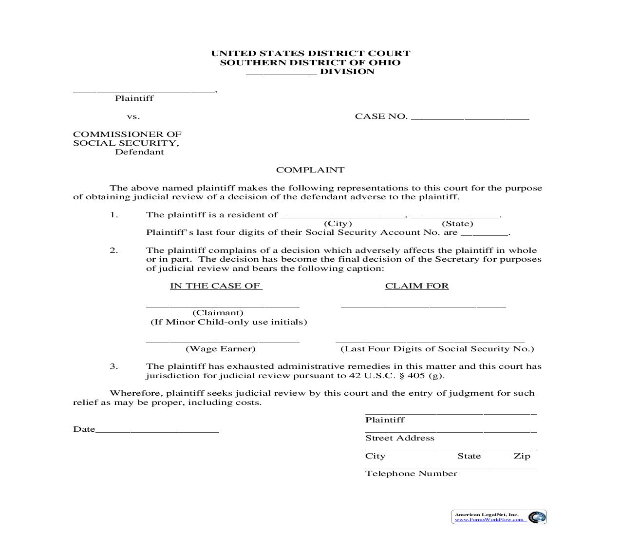 Complaint Re Social Security Cases | Pdf Fpdf Doc Docx | Ohio