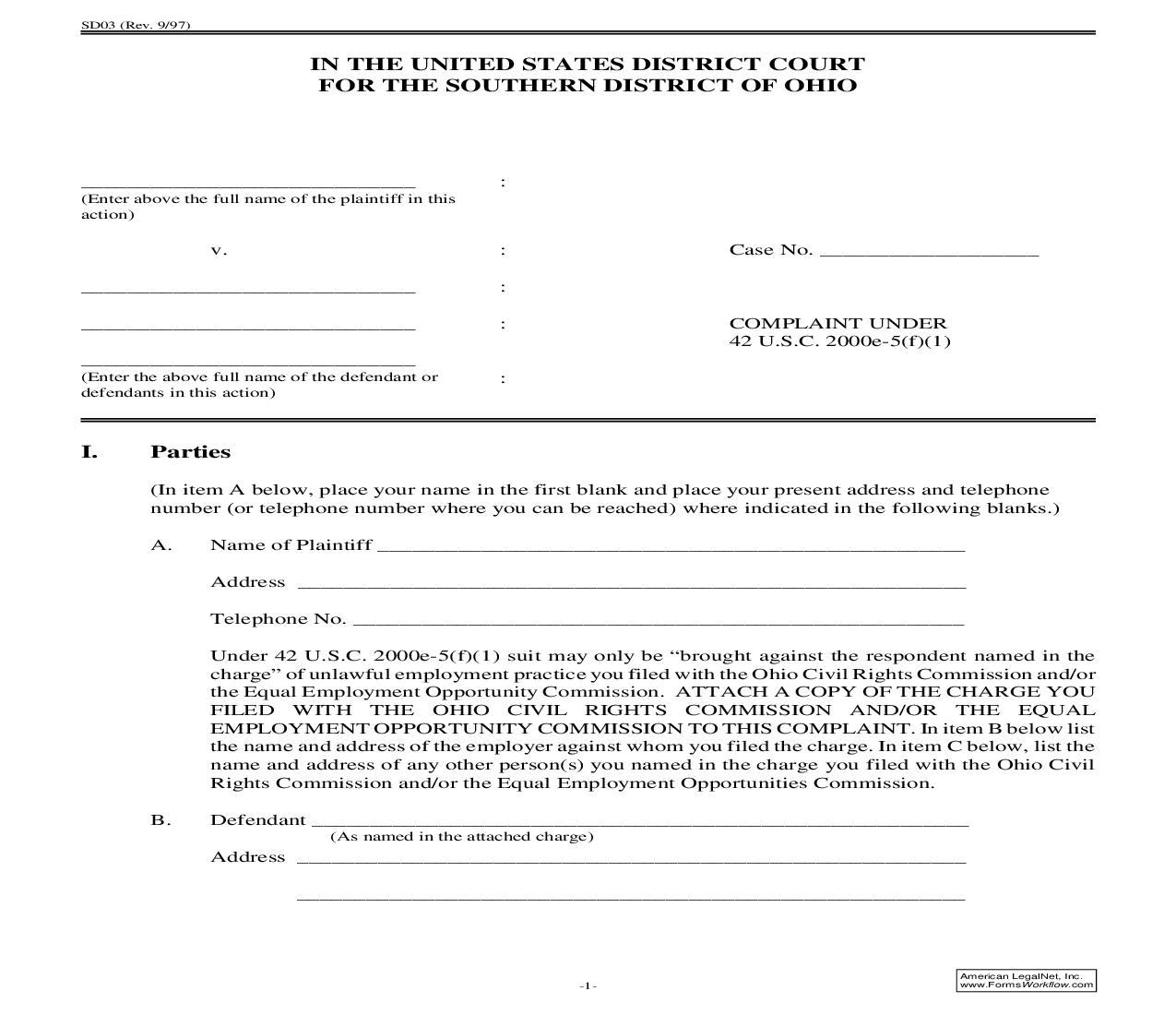 Complaint Under 42 USC 2000e-5(f)(1) {SDO3} | Pdf Fpdf Doc Docx | Ohio