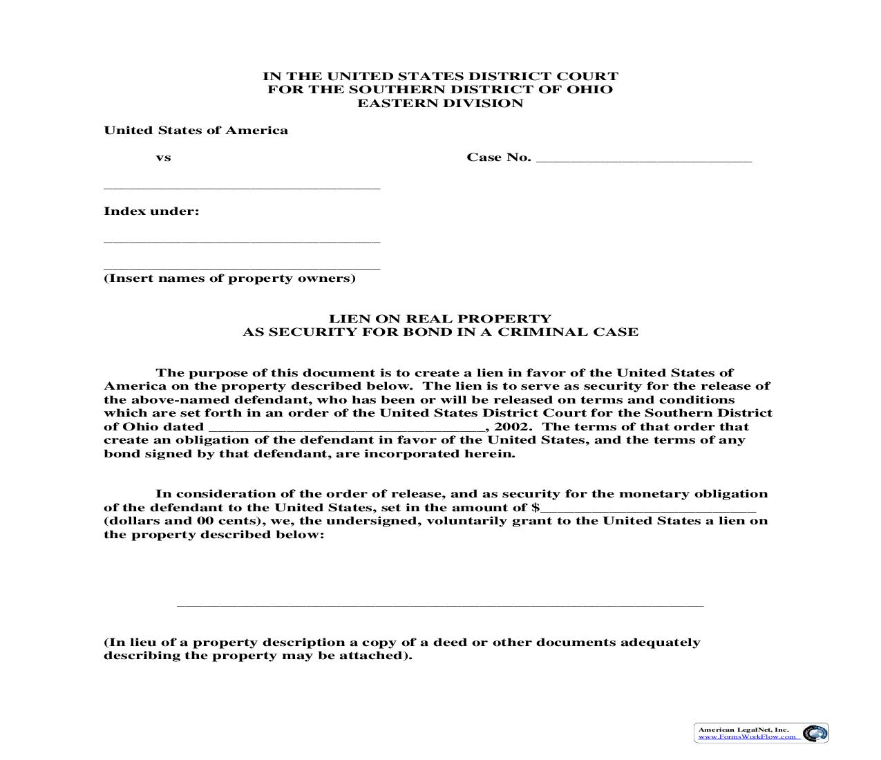 Lien On Real Property As Security For Bond (Criminal) | Pdf Fpdf Doc Docx | Ohio