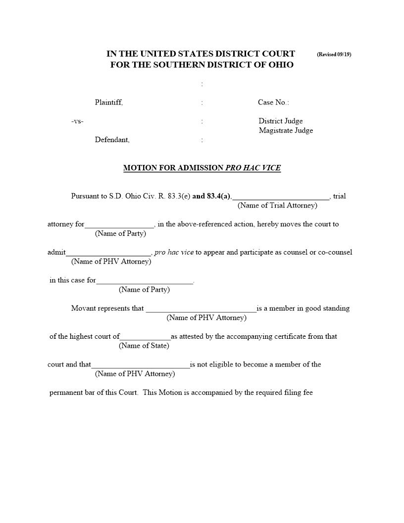 Motion For Admission Pro Hac Vice | Pdf Fpdf Doc Docx | Ohio