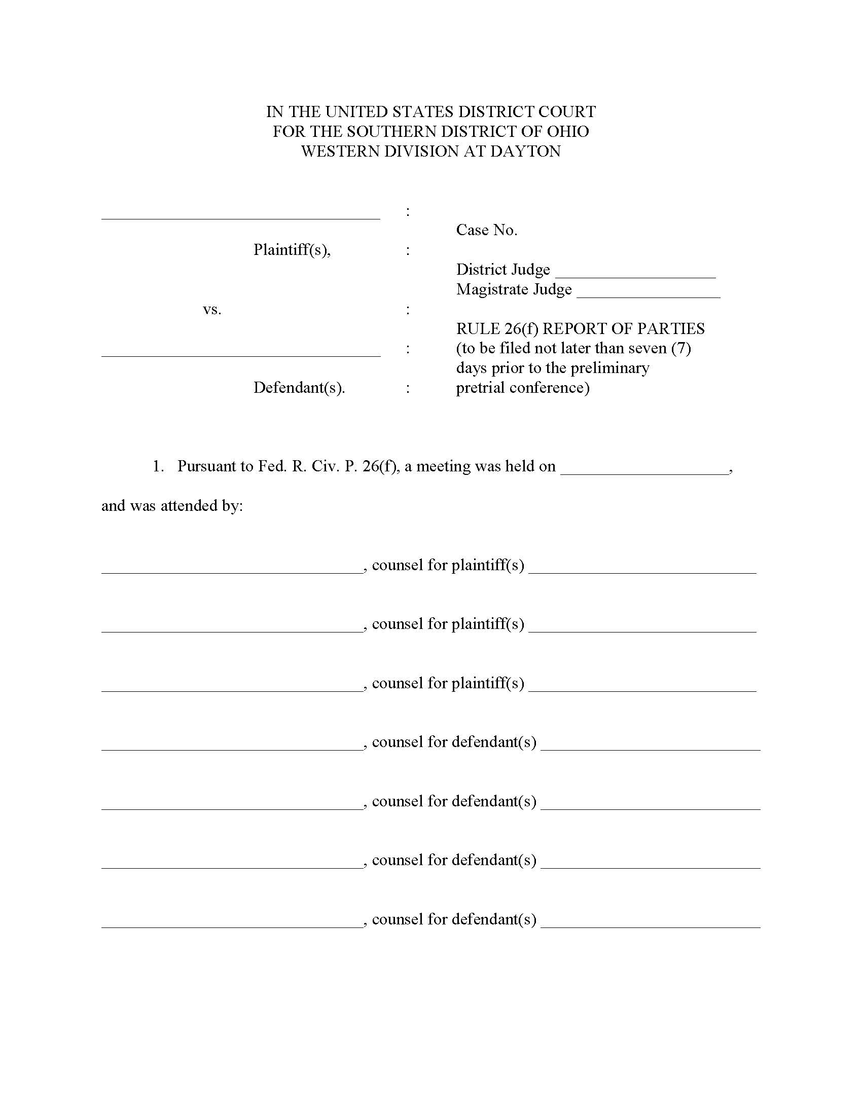 Rule 26(f) Report Of Parties - Western Division | Pdf Fpdf Doc Docx | Ohio