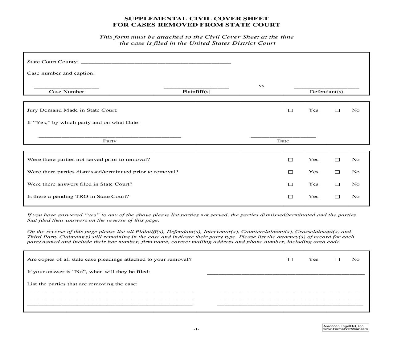Supplemental Civil Cover Sheet For Cases Removed From State Court | Pdf Fpdf Doc Docx | Ohio