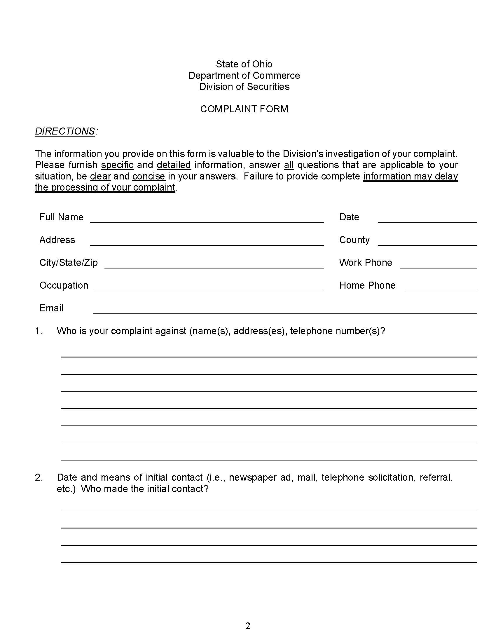 Complaint Form | Pdf Fpdf Docx | Ohio