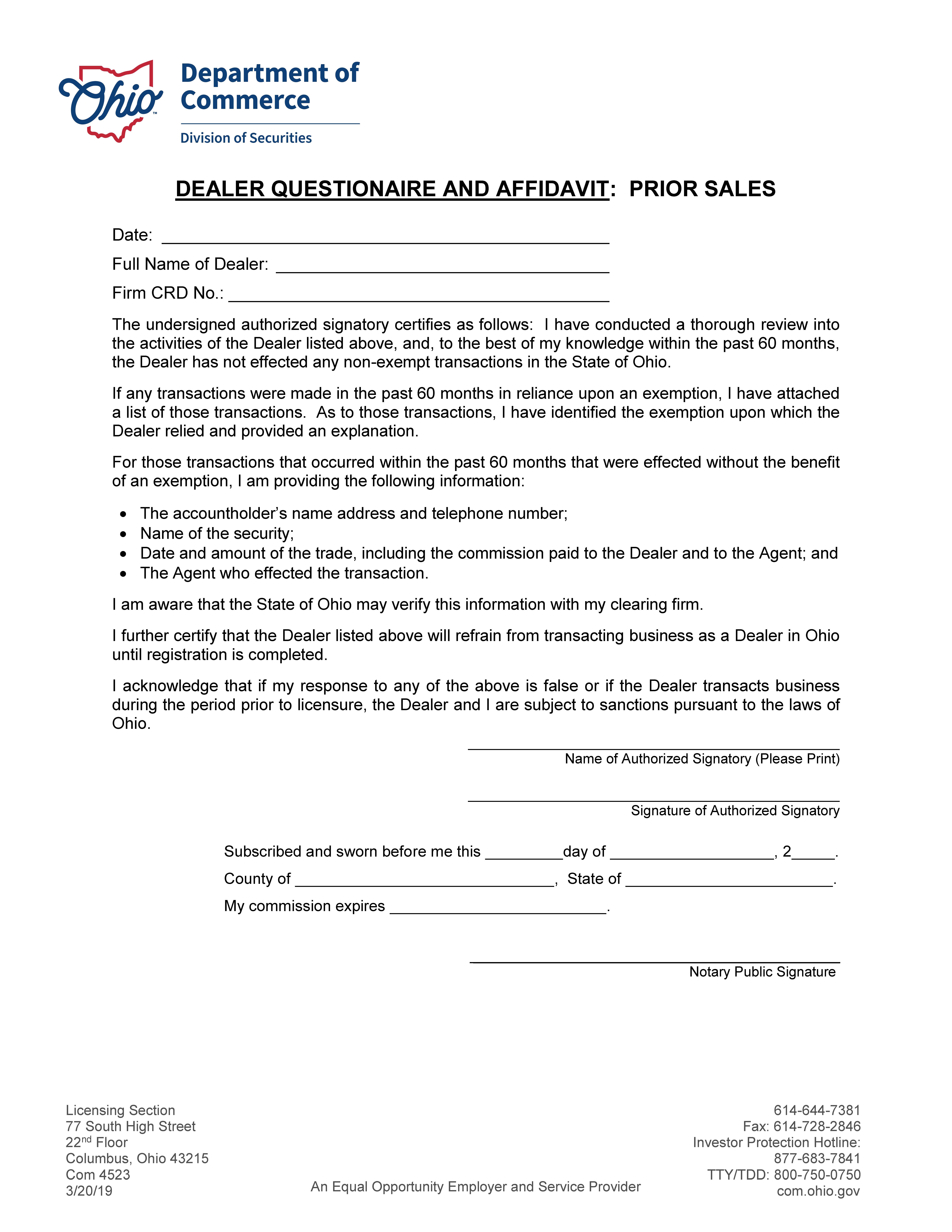 Dealer Questionnaire And Affidavit Prior Sales {COM 4523} | Pdf Fpdf Docx | Ohio