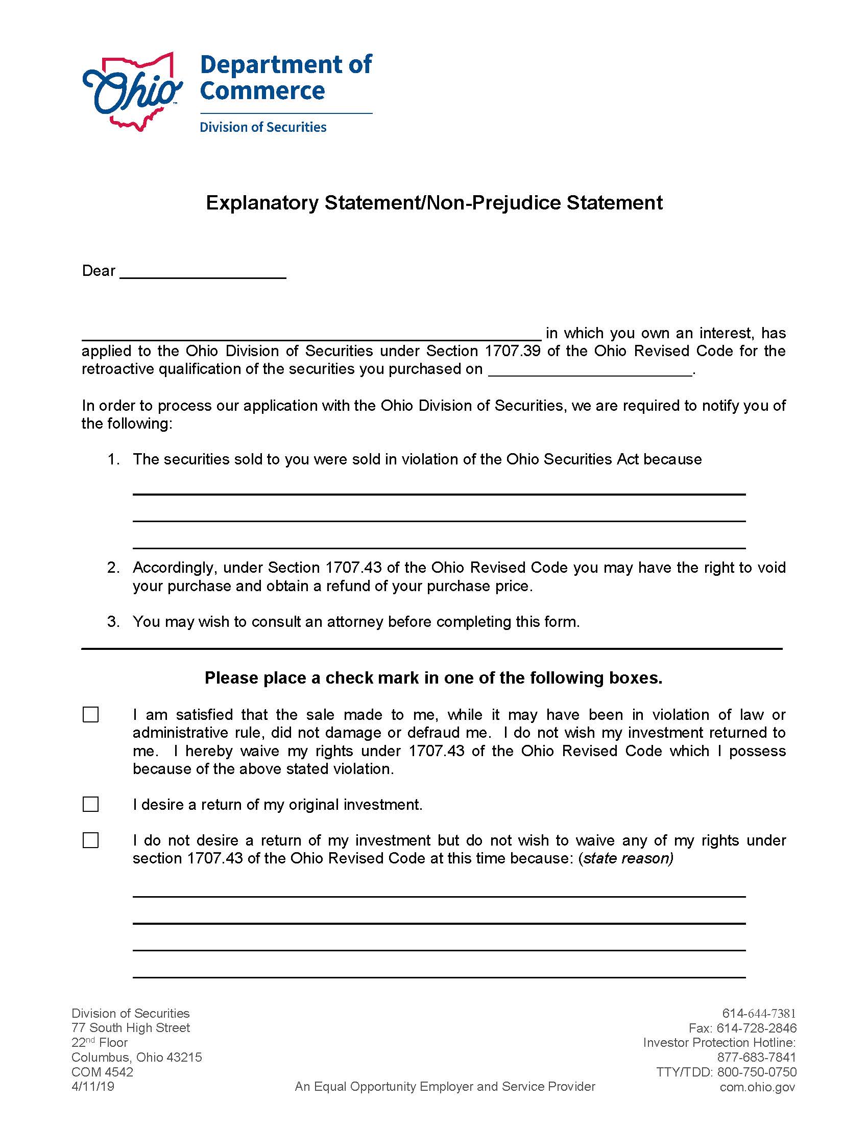 Explanatory Statement Non-Prejudice Statement {COM 4542} | Pdf Fpdf Docx | Ohio