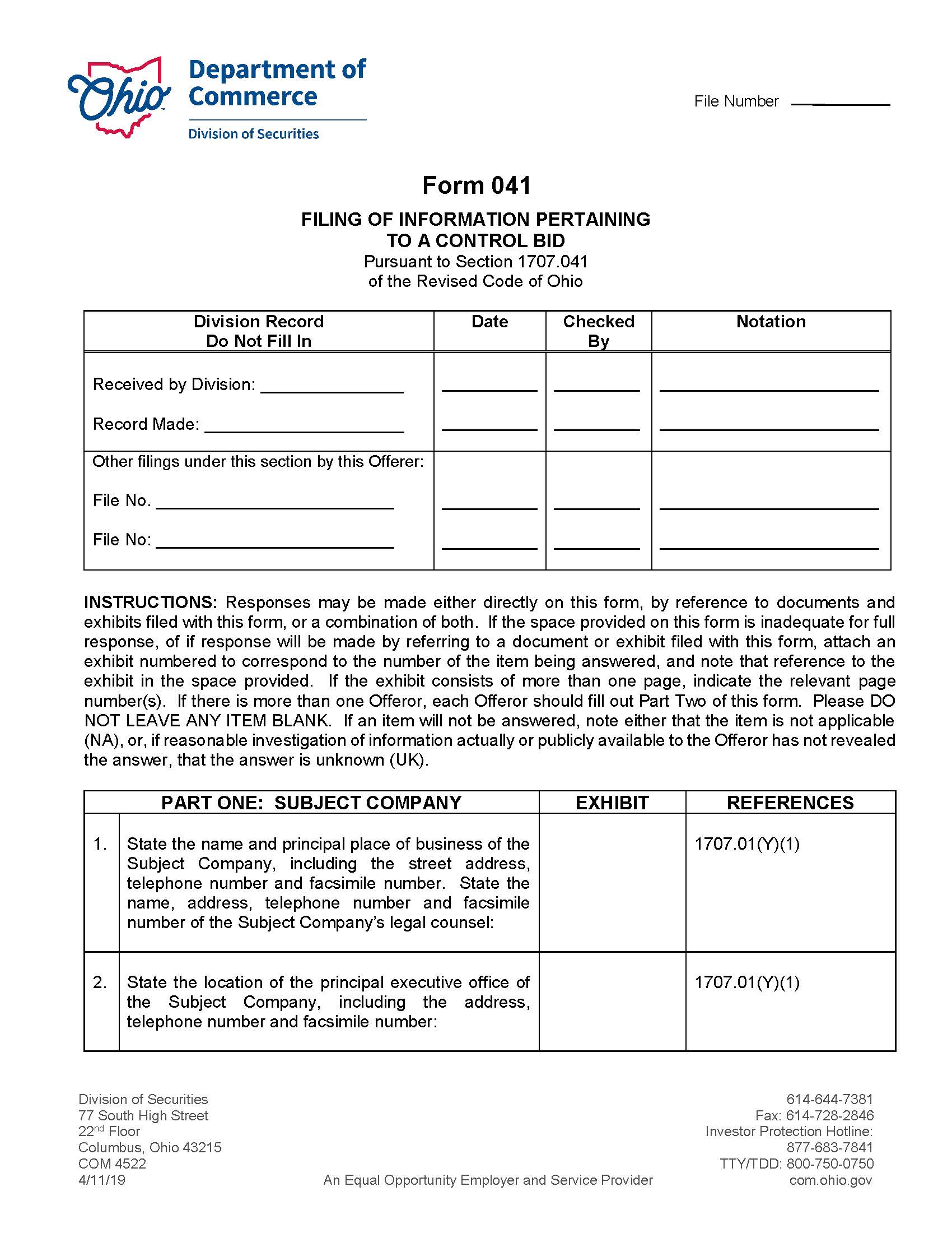 Filing Of Information Pertaining To A Control Bid {041} | Pdf Fpdf Docx | Ohio