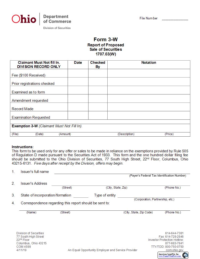 Notice Of Proposed Sale Of Securities {3-W} | Pdf Fpdf Docx | Ohio