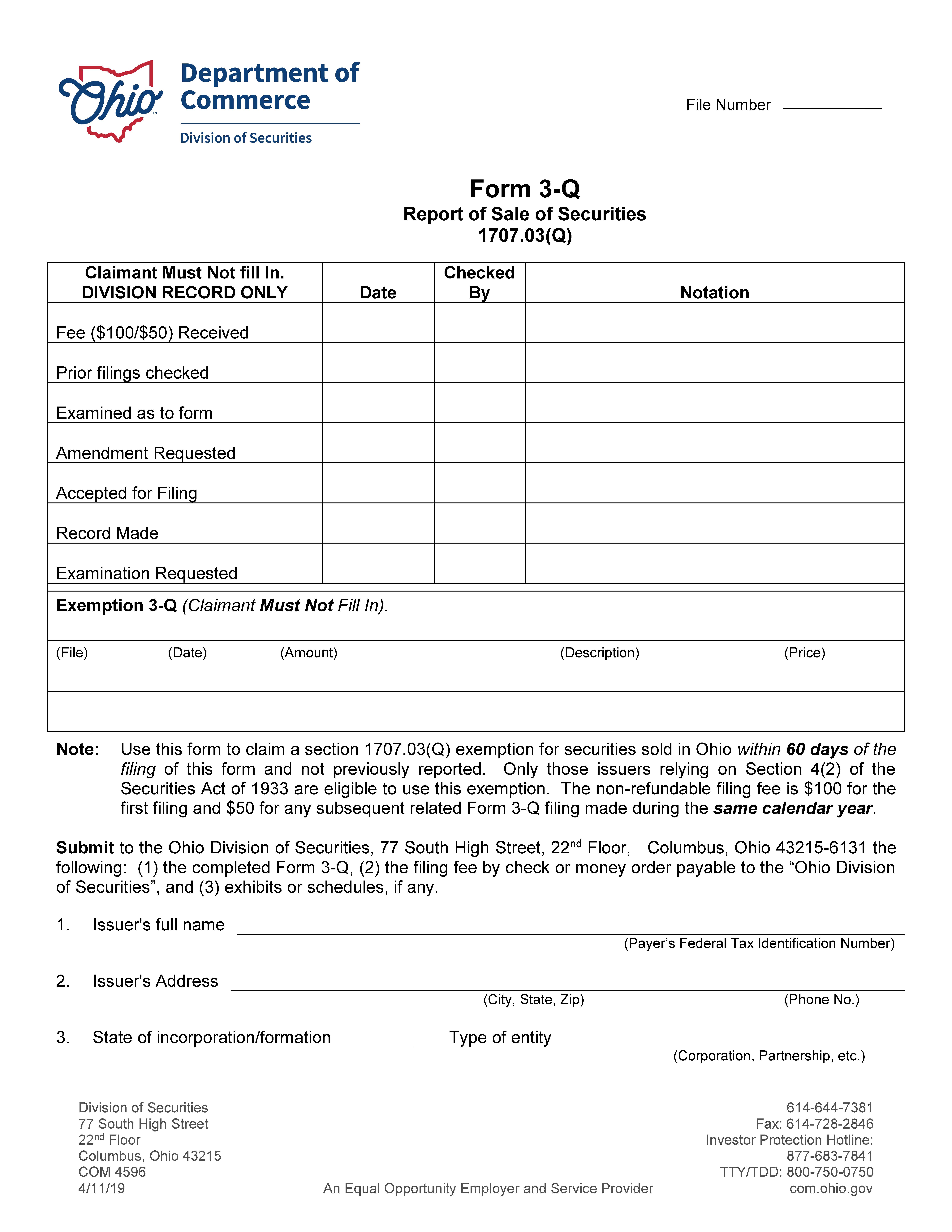 Report Of Sale Of Securities {3Q} | Pdf Fpdf Docx | Ohio