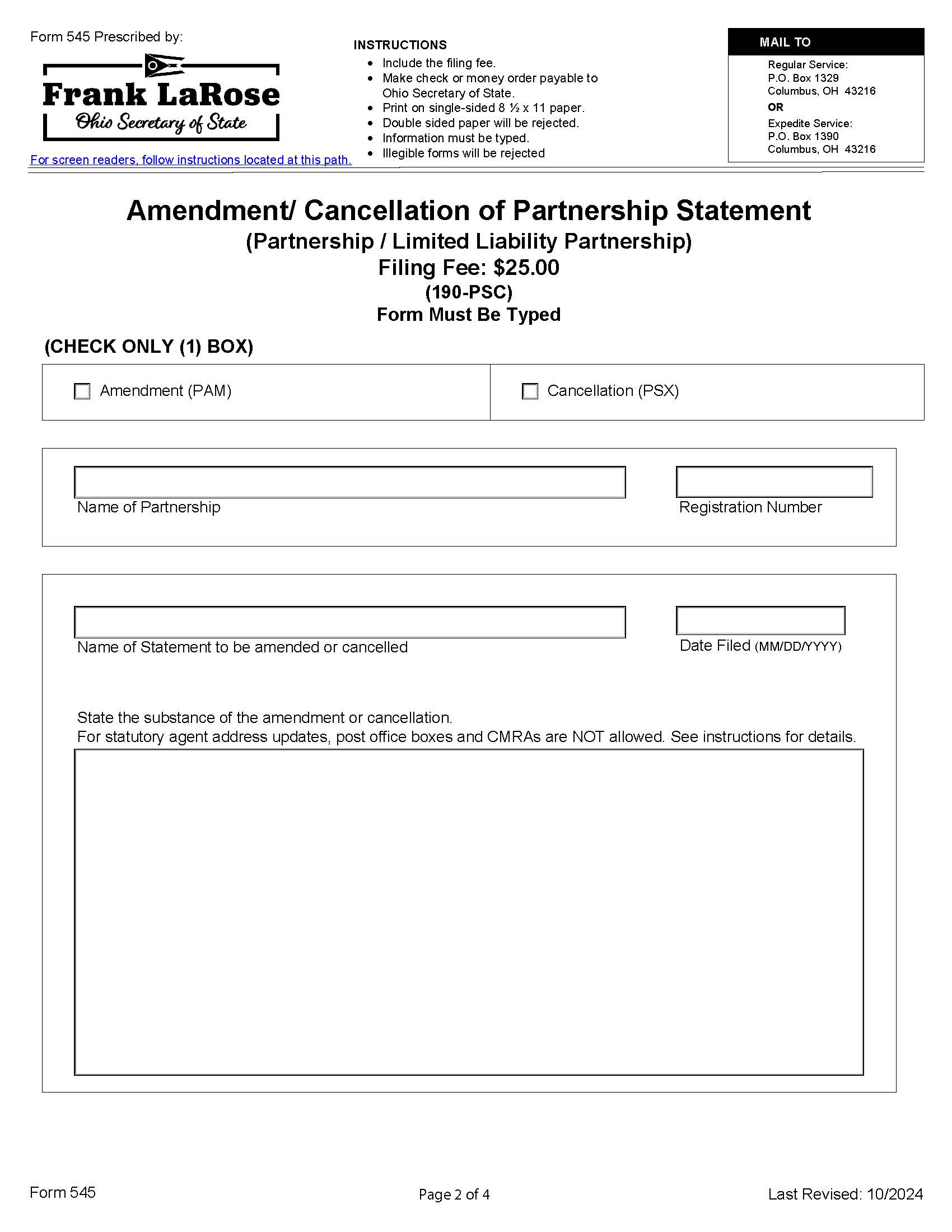 Amendment Cancellation Of Partnership Statement {545} | Pdf Fpdf Docx | Ohio