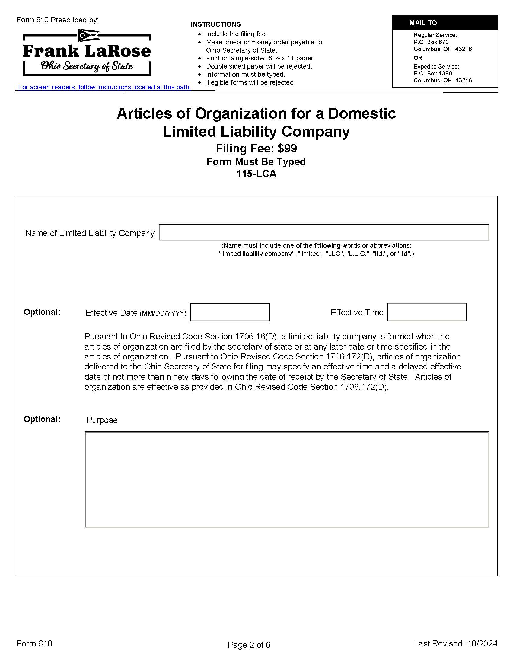 Articles Of Organization (LLC) {610} | Pdf Fpdf Docx | Ohio
