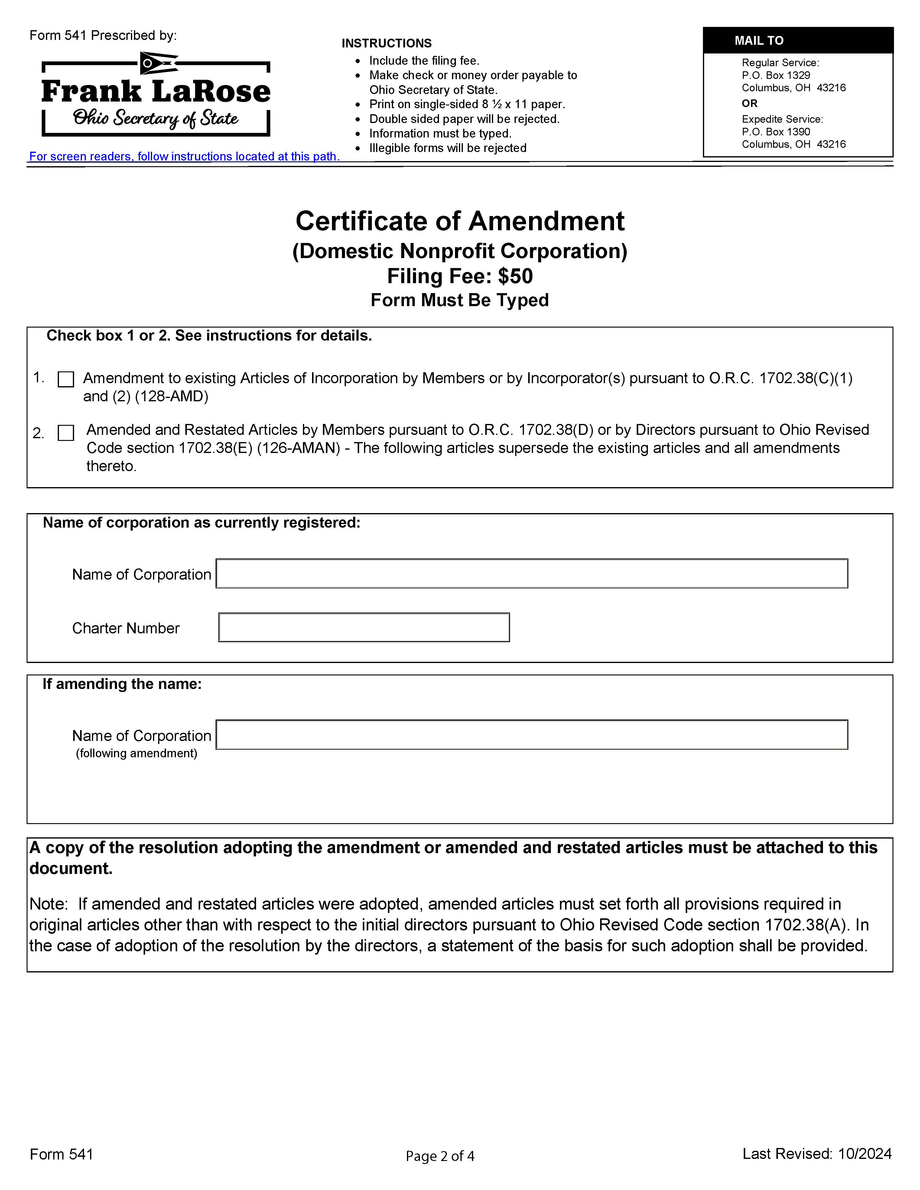 Certificate Of Amendment (Nonprofit Domestic Corporation) {541} | Pdf Fpdf Docx | Ohio