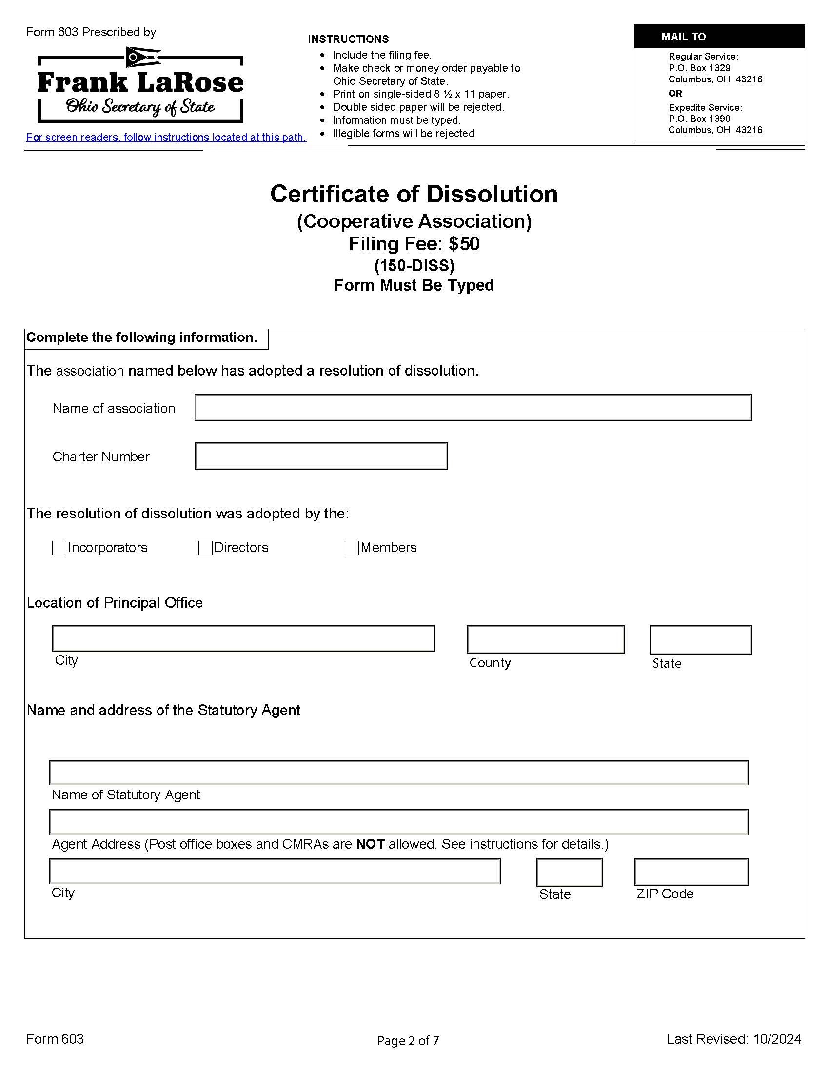 Certificate Of Dissolution (Cooperative Association) {603} | Pdf Fpdf Docx | Ohio
