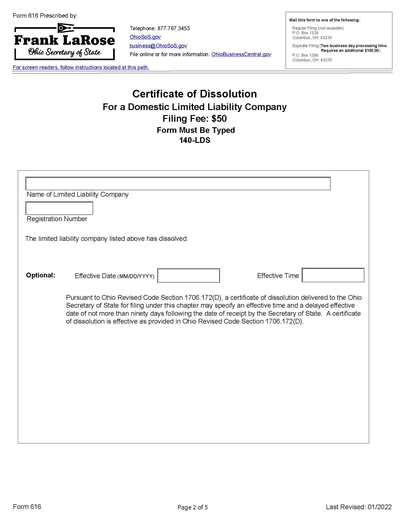 Certificate Of Dissolution (LLC) {616} | Pdf Fpdf Docx | Ohio
