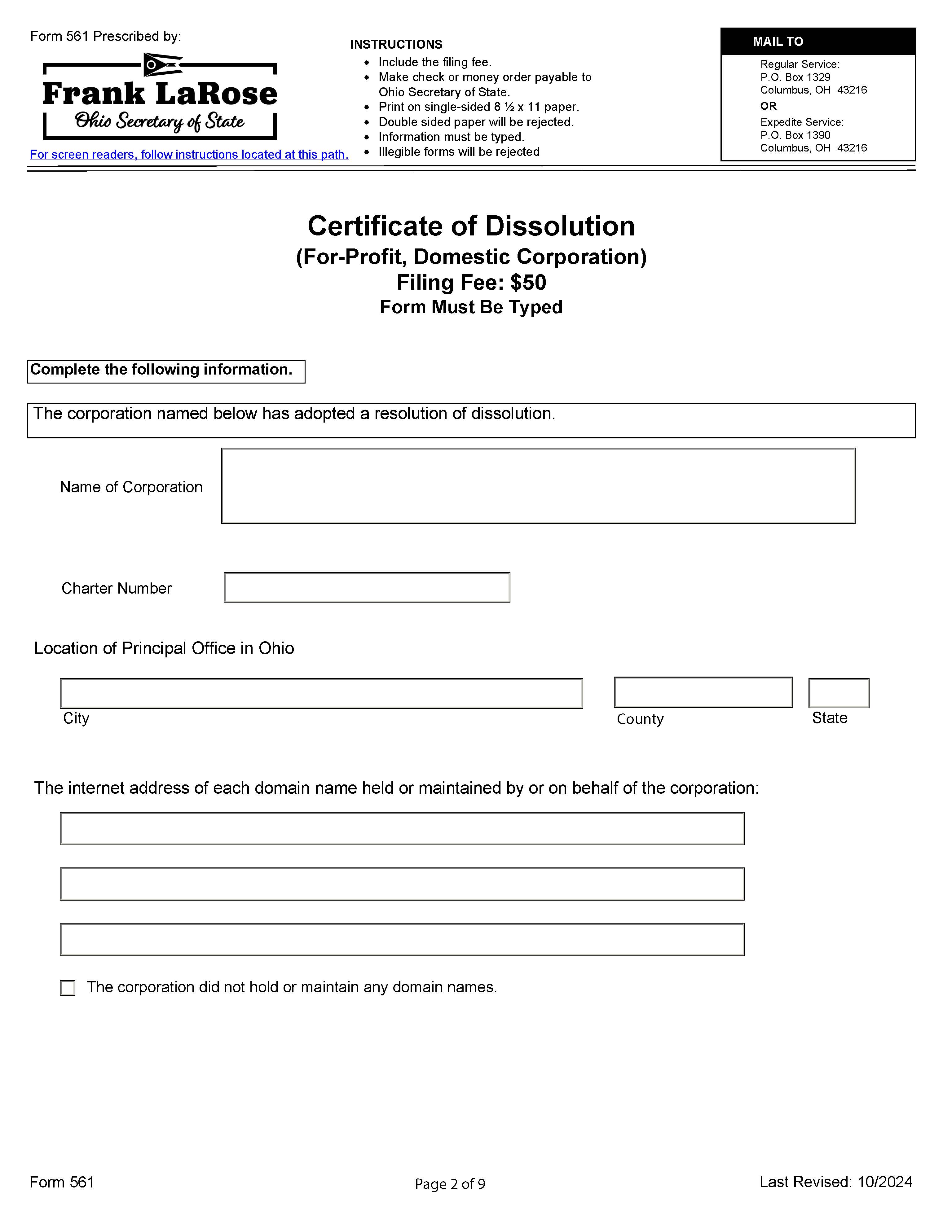 Certificate Of Dissolution For Profit Domestic Corporation {561} | Pdf Fpdf Docx | Ohio