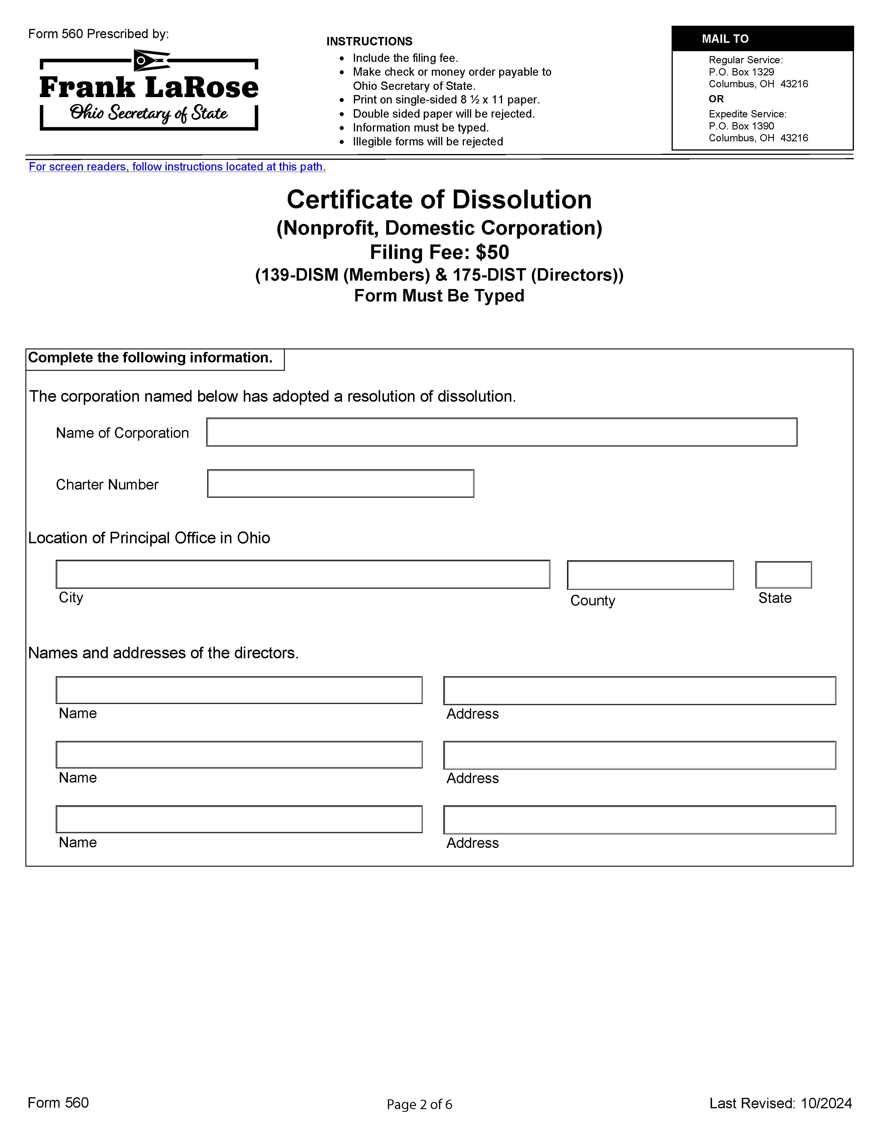 Certificate Of Dissolution Nonprofit Domestic Corporation {560} | Pdf Fpdf Docx | Ohio