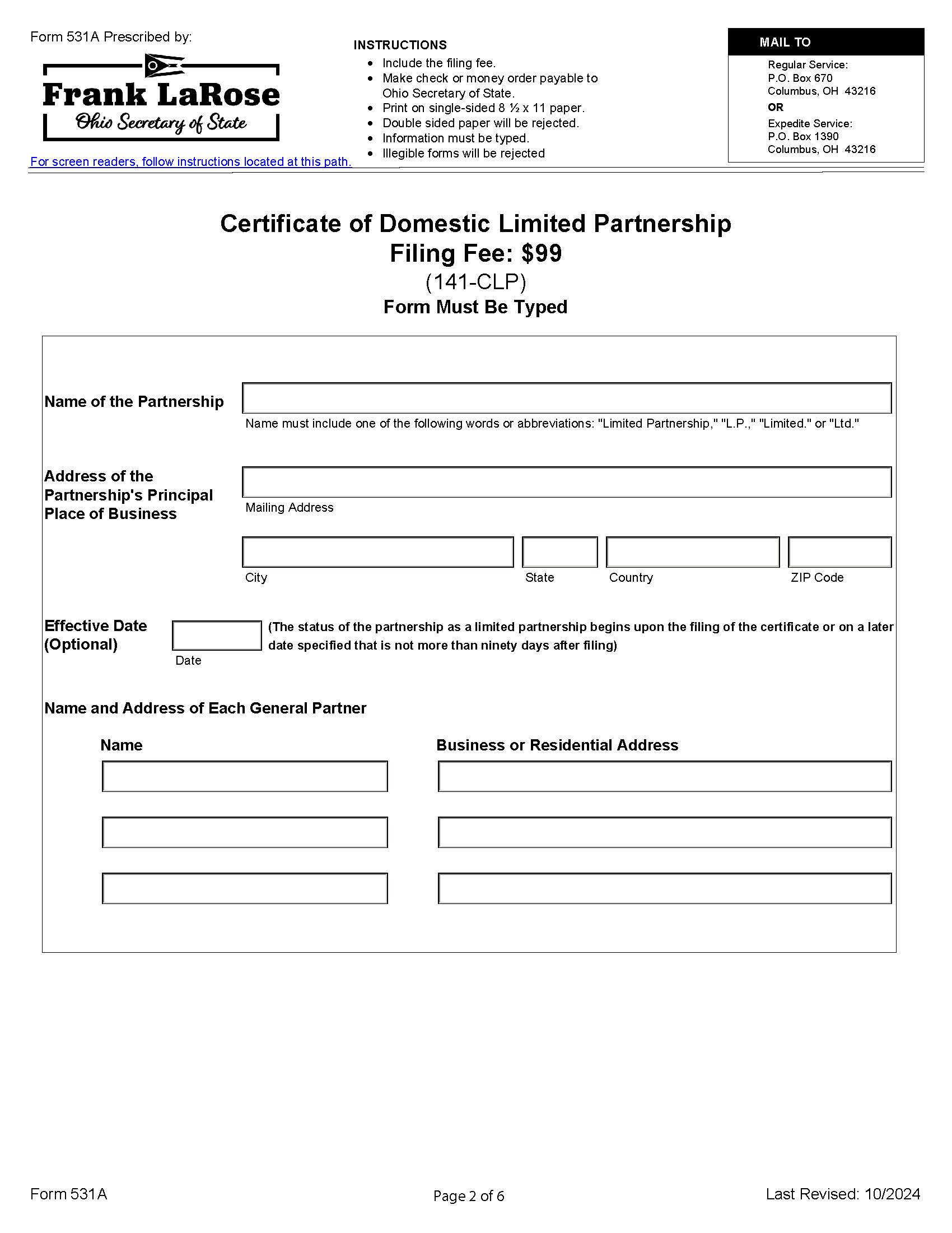 Certificate Of Domestic Limited Partnership {531A} | Pdf Fpdf Docx | Ohio