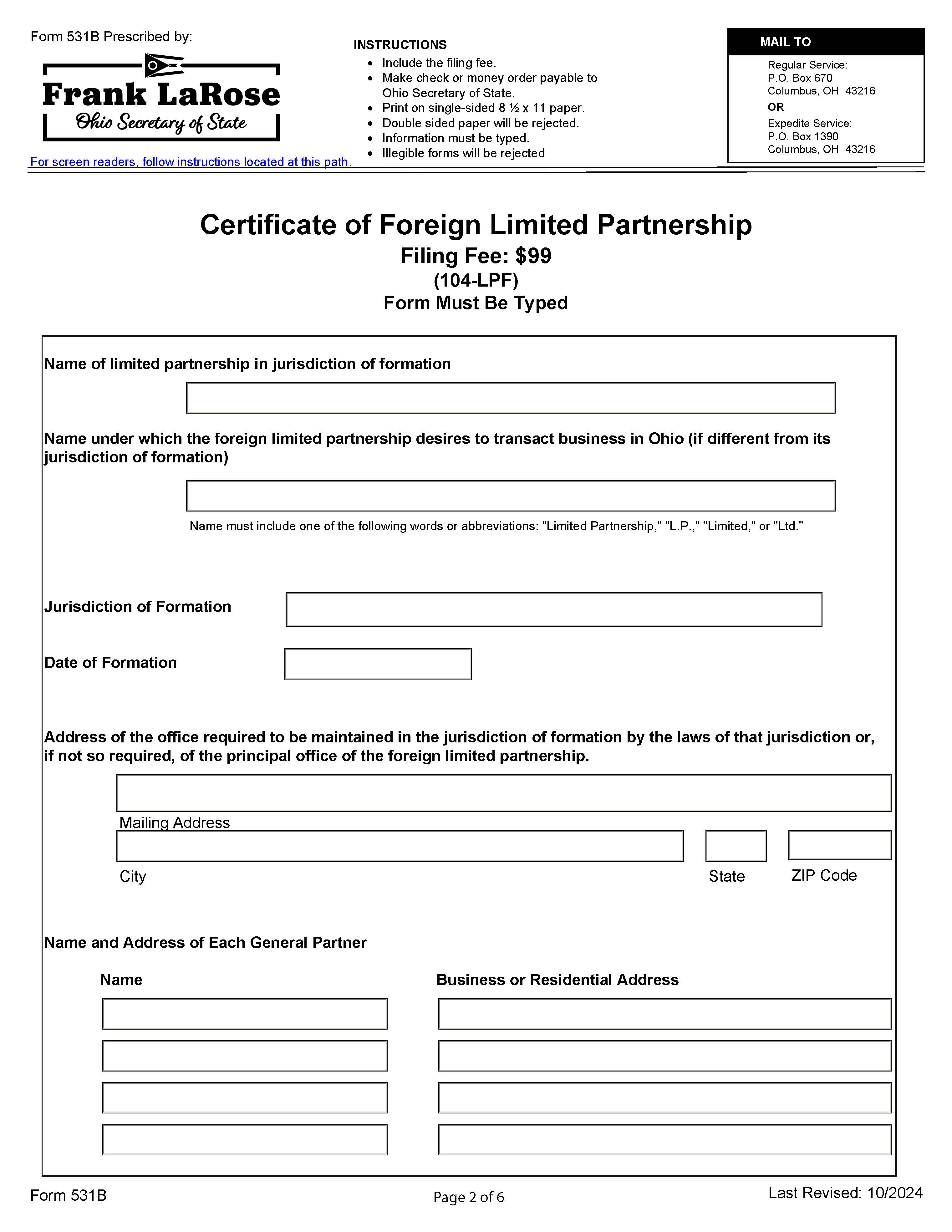 Certificate Of Foreign Limited Partnership {531B} | Pdf Fpdf Docx | Ohio