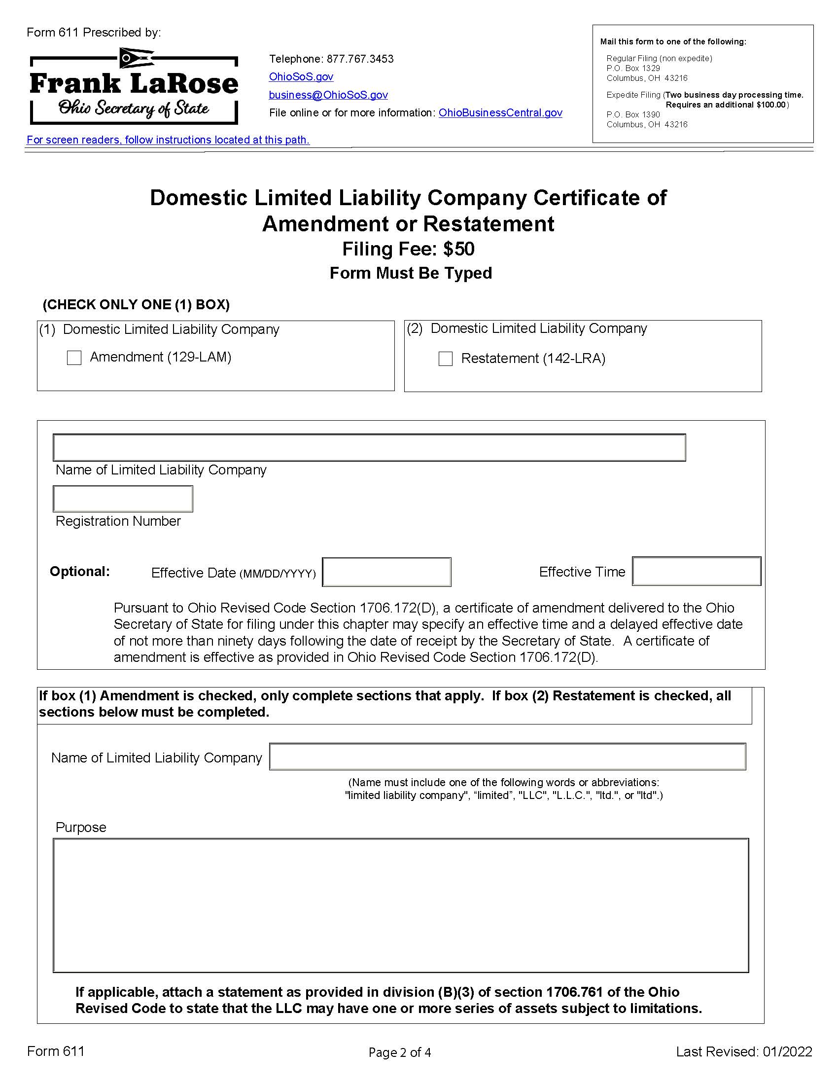 Domestic Limited Liability Company Certificate Of Amendment Or Restatement {611} | Pdf Fpdf Docx | Ohio