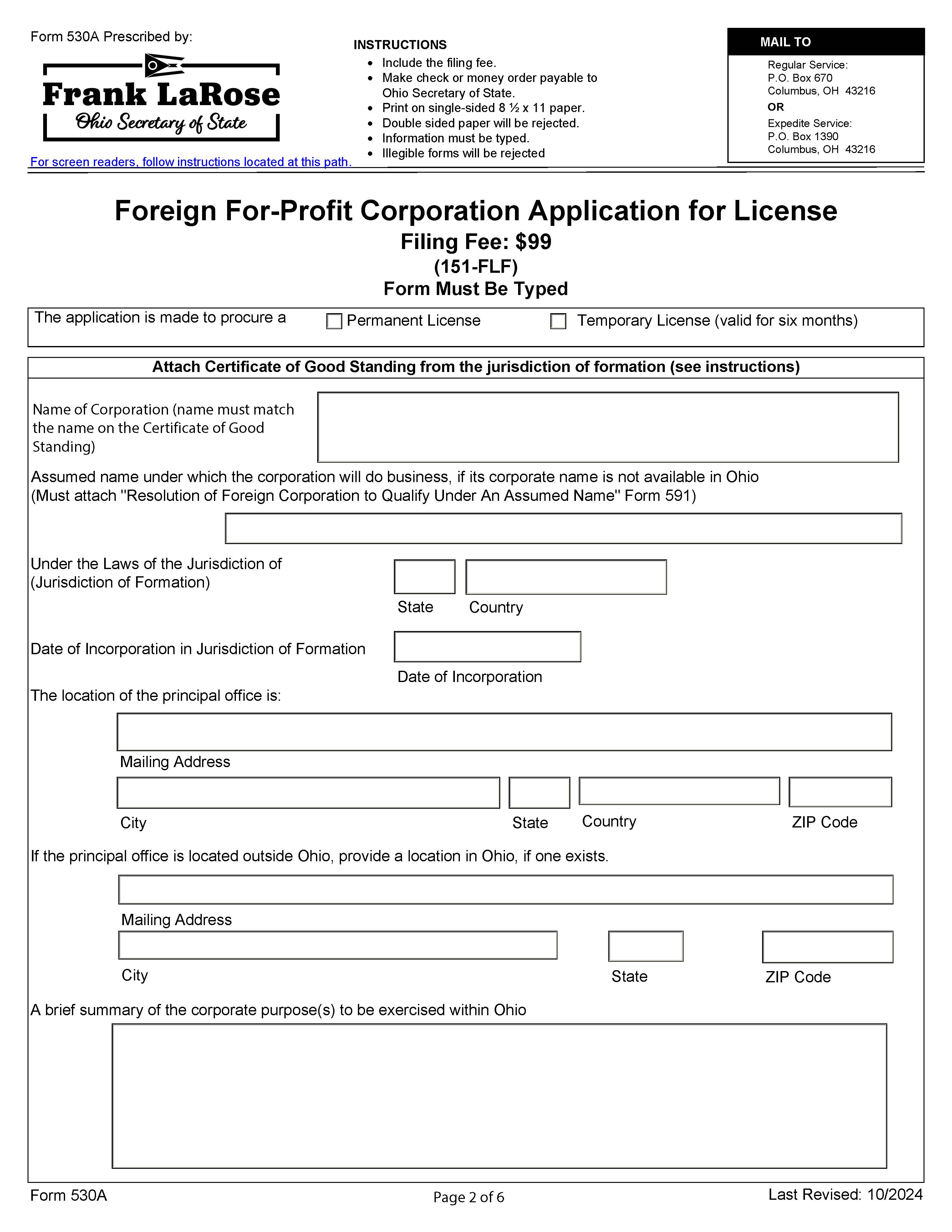 Foreign For-Profit Corporation Application For License {530A} | Pdf Fpdf Docx | Ohio
