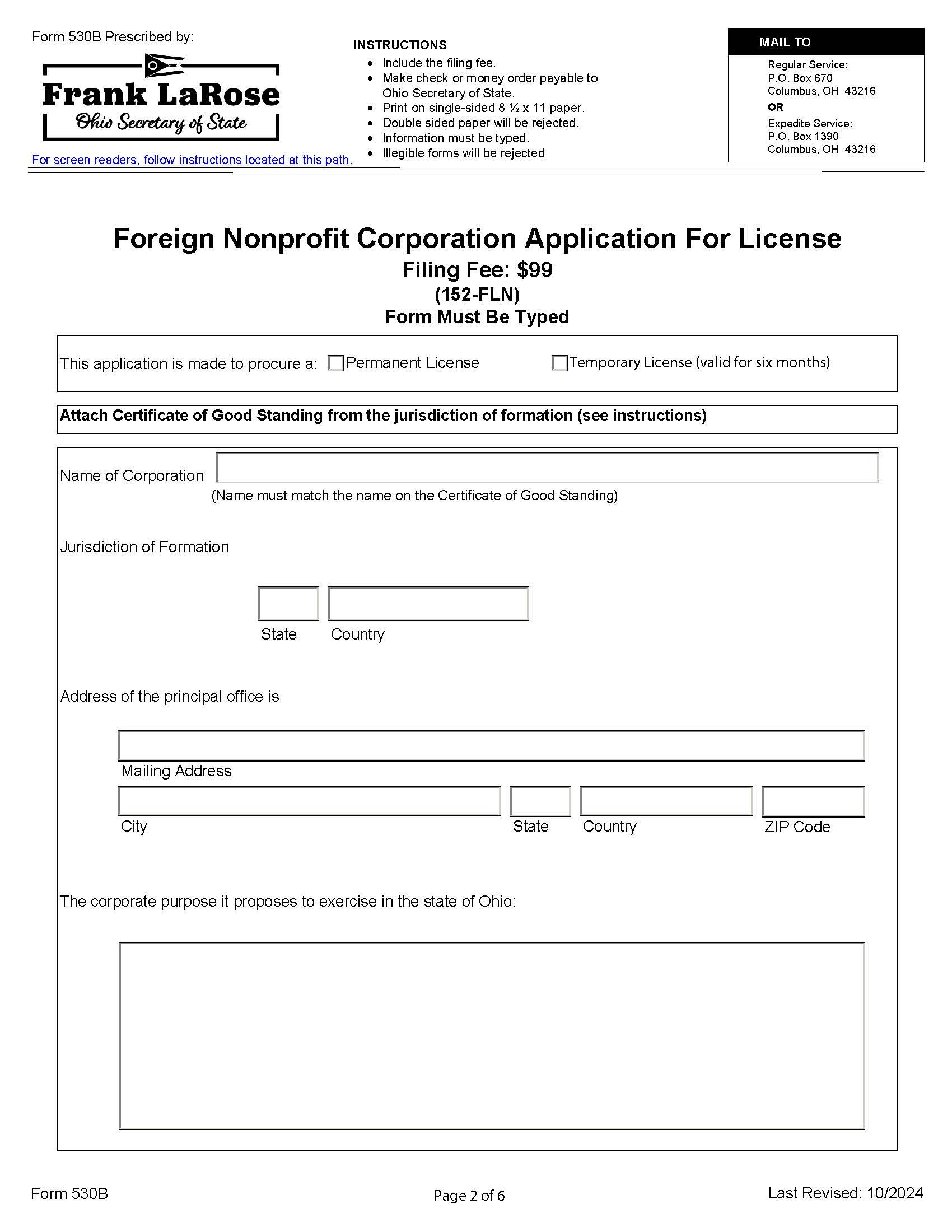 Foreign Nonprofit Corporation Application For License {530B} | Pdf Fpdf Docx | Ohio