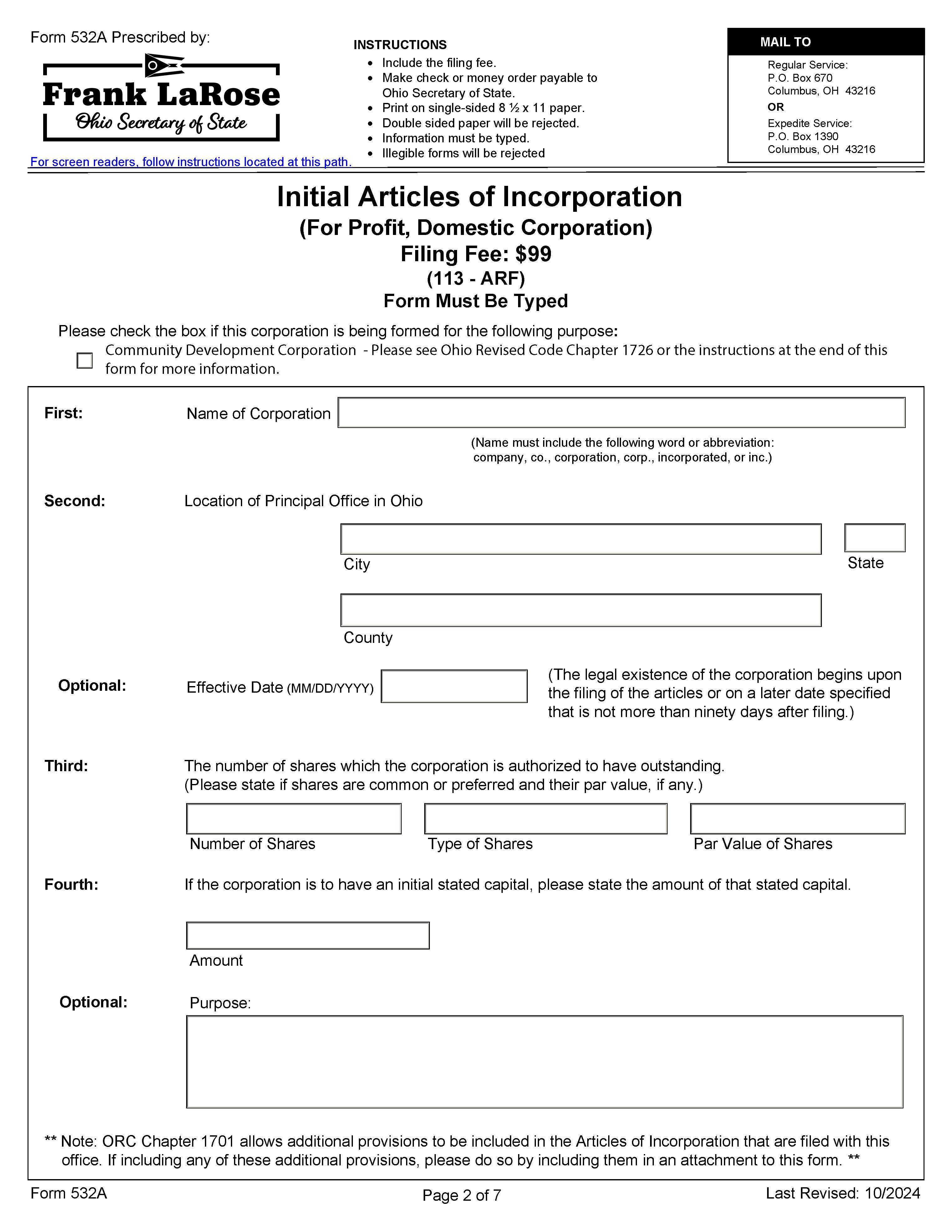 Initial Articles Of Incorporation {532A} | Pdf Fpdf Docx | Ohio
