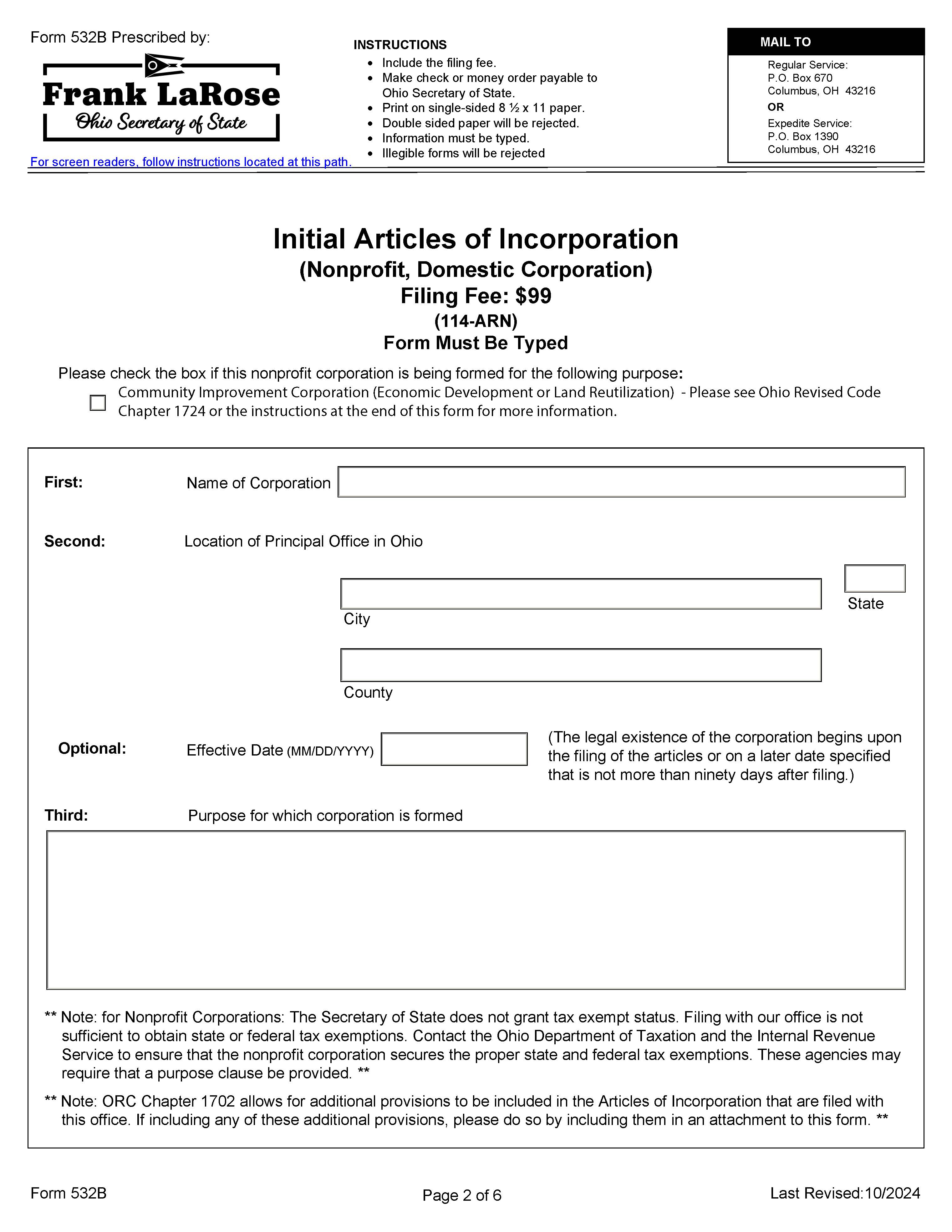 Initial Articles Of Incorporation {532B} | Pdf Fpdf Docx | Ohio