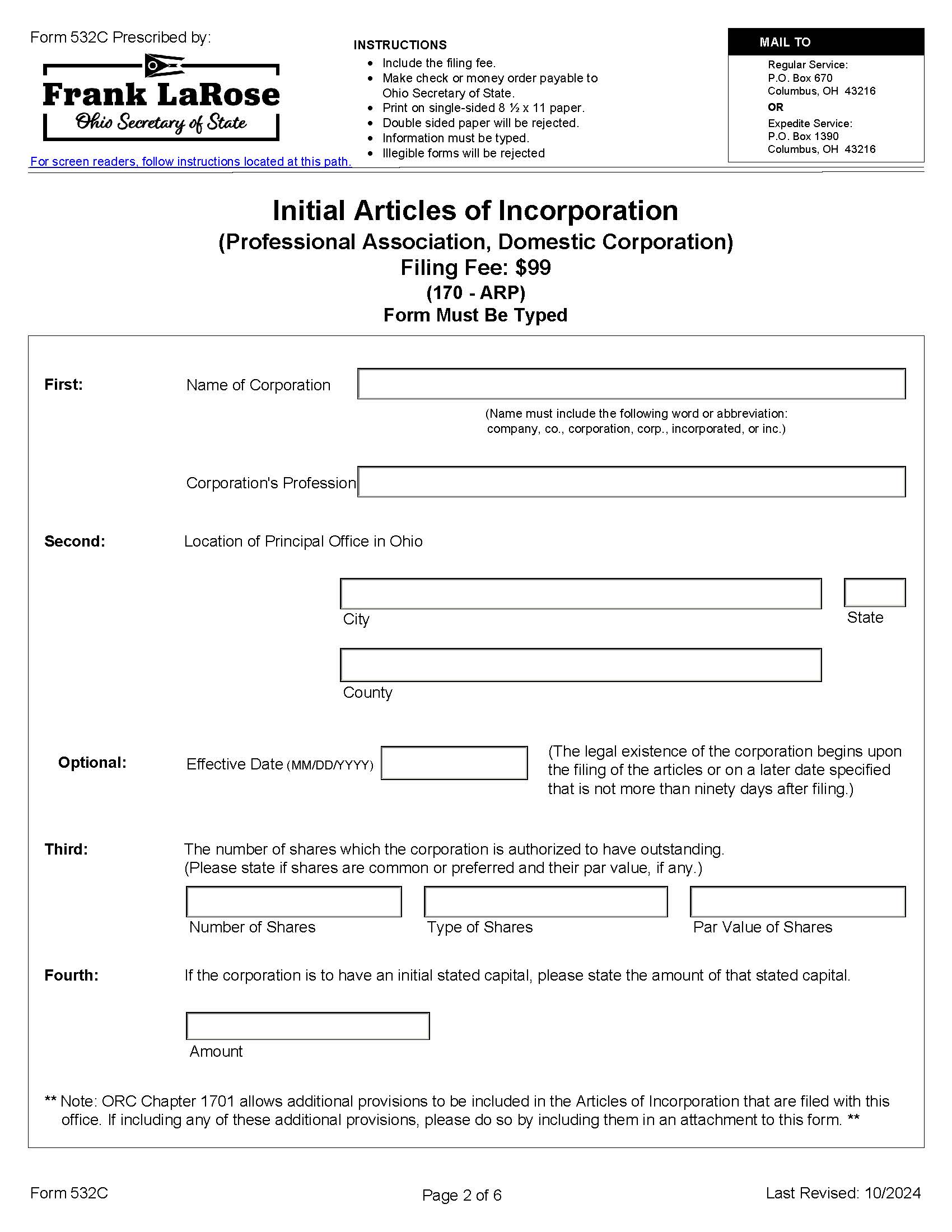 Initial Articles Of Incorporation {532C} | Pdf Fpdf Docx | Ohio