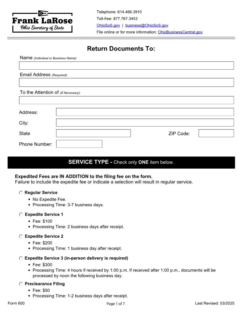 Initial Articles Of Incorporation For A Cooperative Association {600} | Pdf Fpdf Docx | Ohio